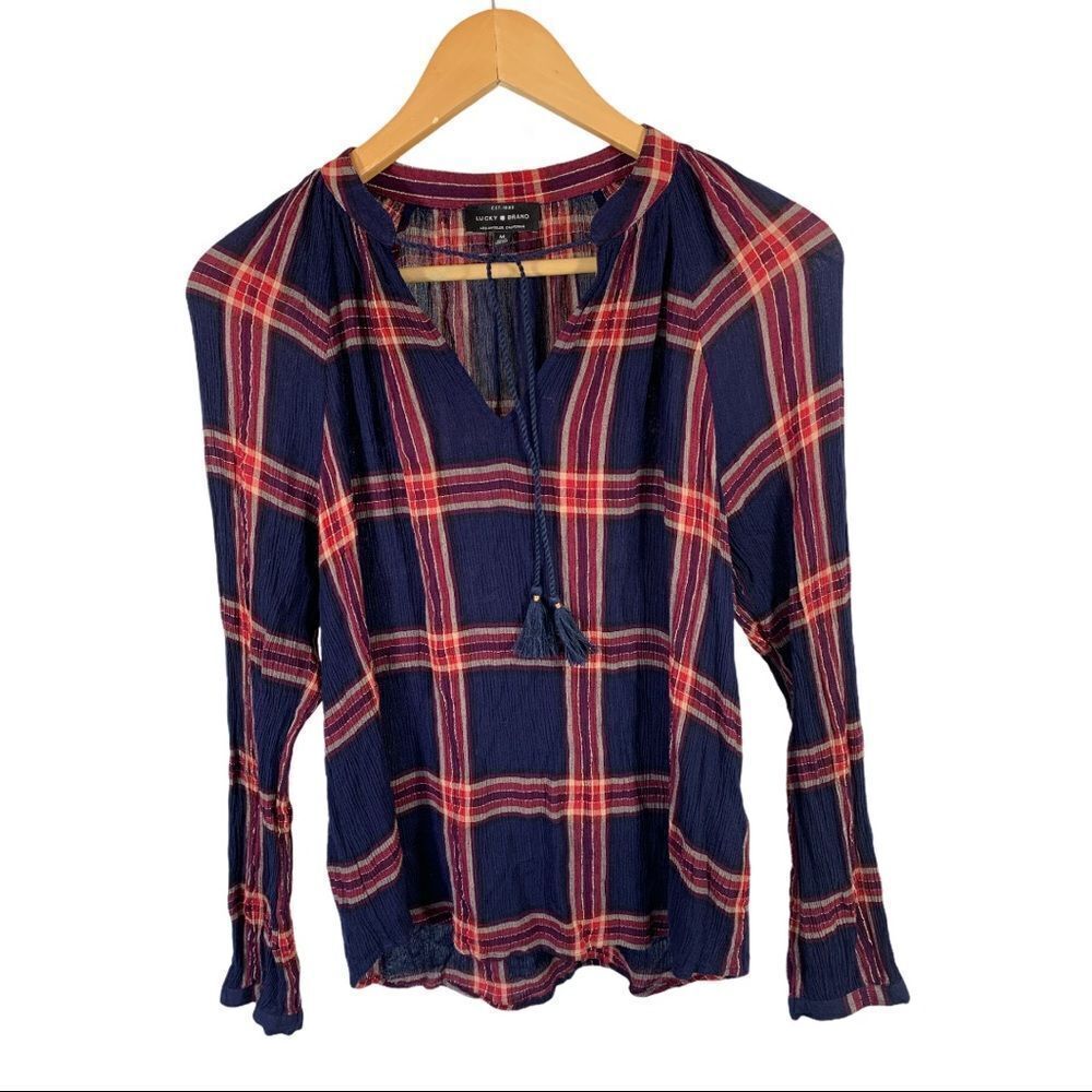 LUCKY BRAND Women’s Plaid Blouse With Tassel Detail Blue/Red Size Medium